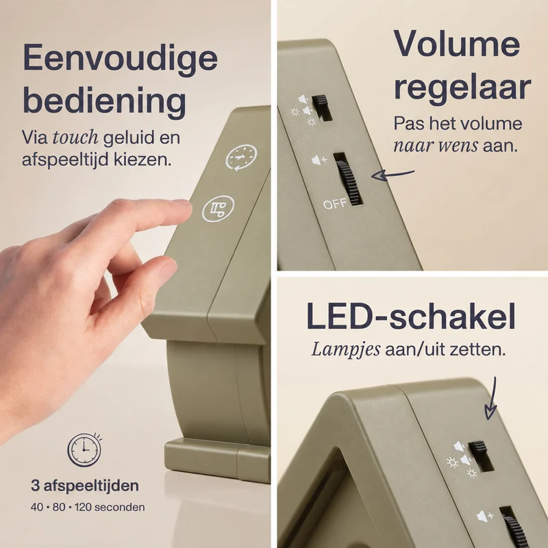 Melodiez Nature Box Midnight Light Taupe: Bediening, volume en LED-schakelaar